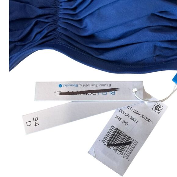 NWT Bleu Rod Beattie | Navy Kore Shirred Underwire Bandeau Bikini Swim Top 34D - Picture 2 of 5